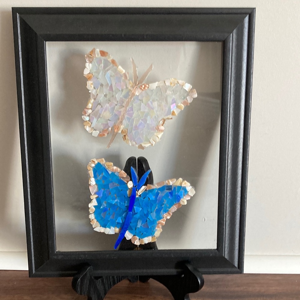 Wall hanging glass art butterflies. Blue and multicolored pastel colored glass.